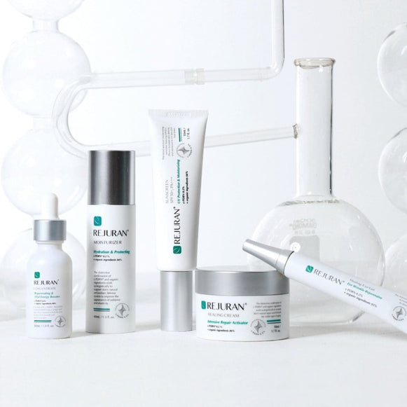 REJURAN Healing Care Set (Ampoule Booster 30ml, Moisturizer 40ml, Sun Cream 50ml, Eye Cream 15ml & Cream 50ml) disponible sur Ma petite Coree, ton Eshop 100% K-beauty en direct de Seoul