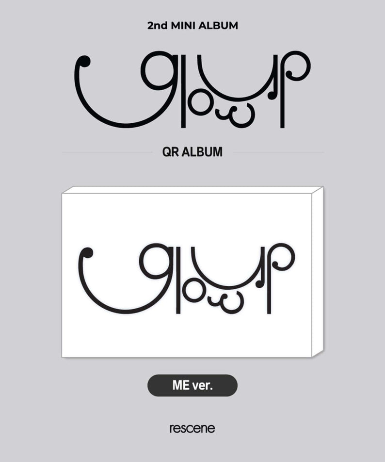 RESCENE - 2nd MINI ALBUM [Glow Up] (ME VER.) (QR VER.) - Album Kpop, pochette blanche QR, style minimaliste sur fond gris.