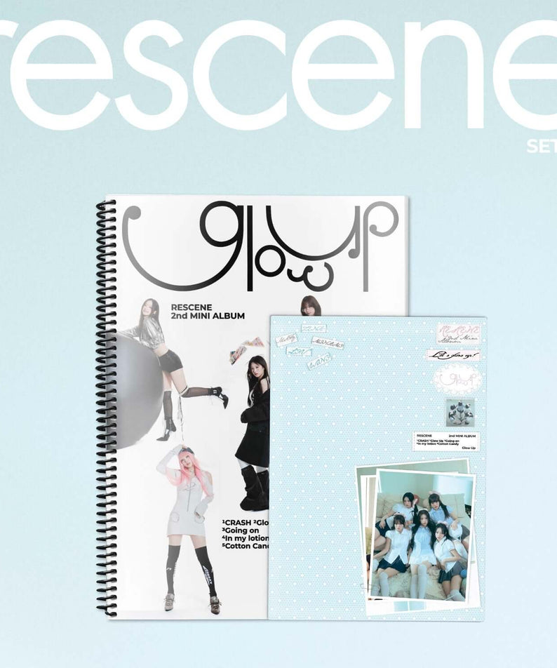 RESCENE - 2nd MINI ALBUM [Glow Up] (Set) - Album Kpop : set imprimé avec packaging bleu, photos et logo RESCENE, fond clair.