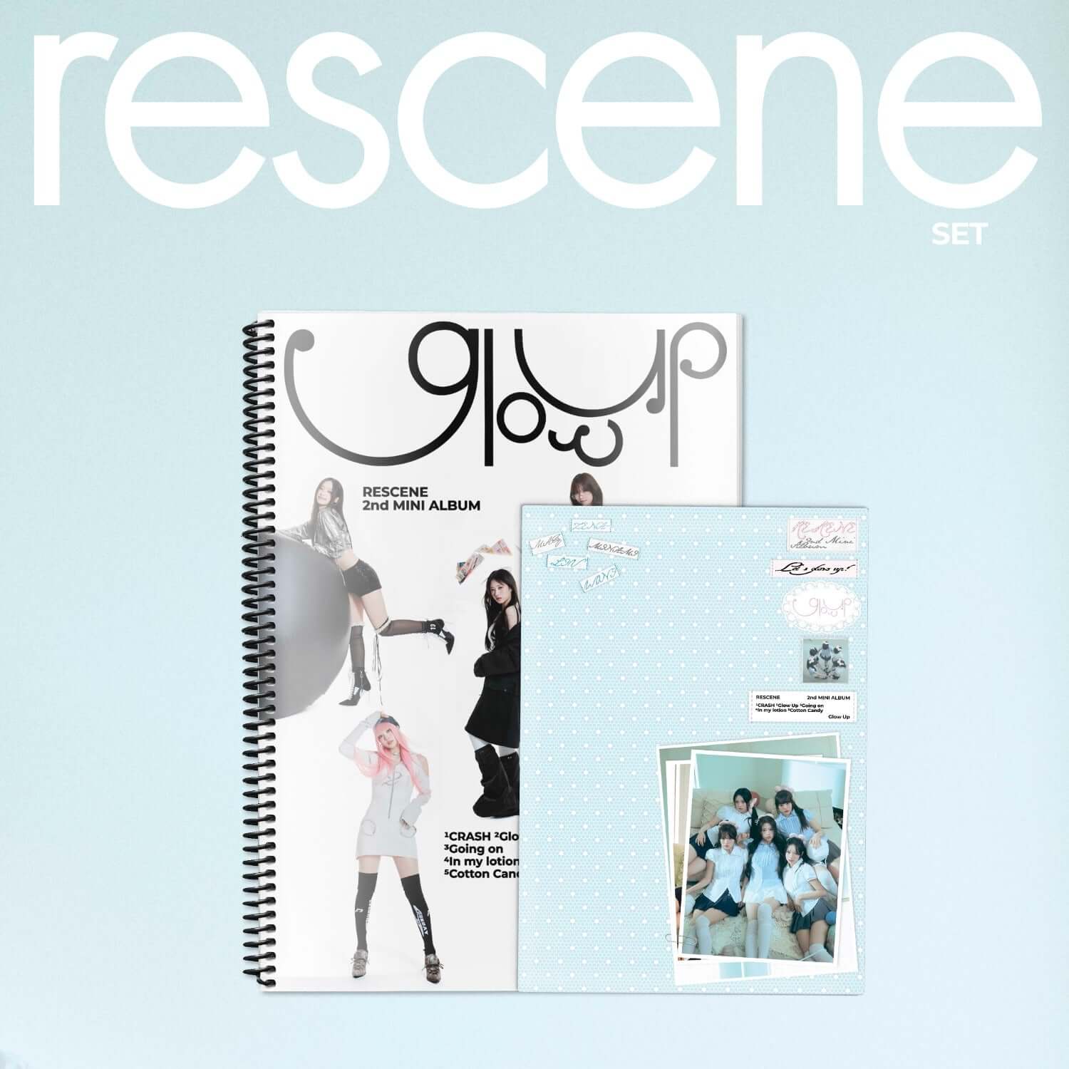 RESCENE - 2nd MINI ALBUM [Glow Up] (Set) - Album Kpop : set imprimé avec packaging bleu, photos et logo RESCENE, fond clair.