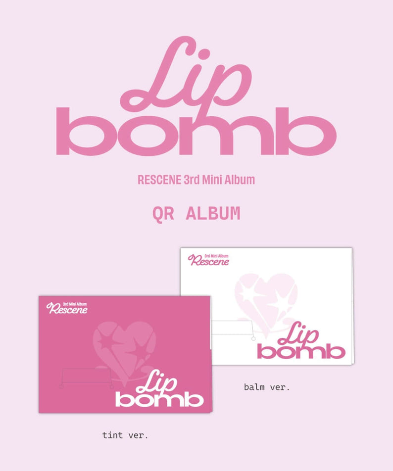 RESCENE - The 3rd Mini Album [lip bomb] (QR) (photocard ver.) (tint ver. / balm ver.) : coffret Kpop rose, photocard sur fond pastel.