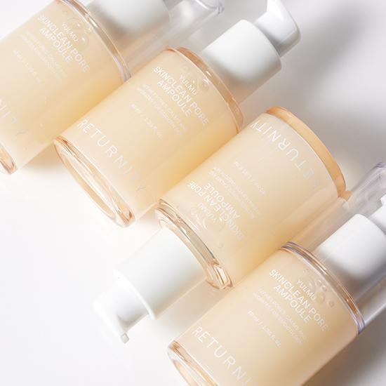 RETURNITY Yumu Pore Ampoule 40ml de la marque RETURNITY, flacons beige sur fond blanc lumineux, produit en gros plan.