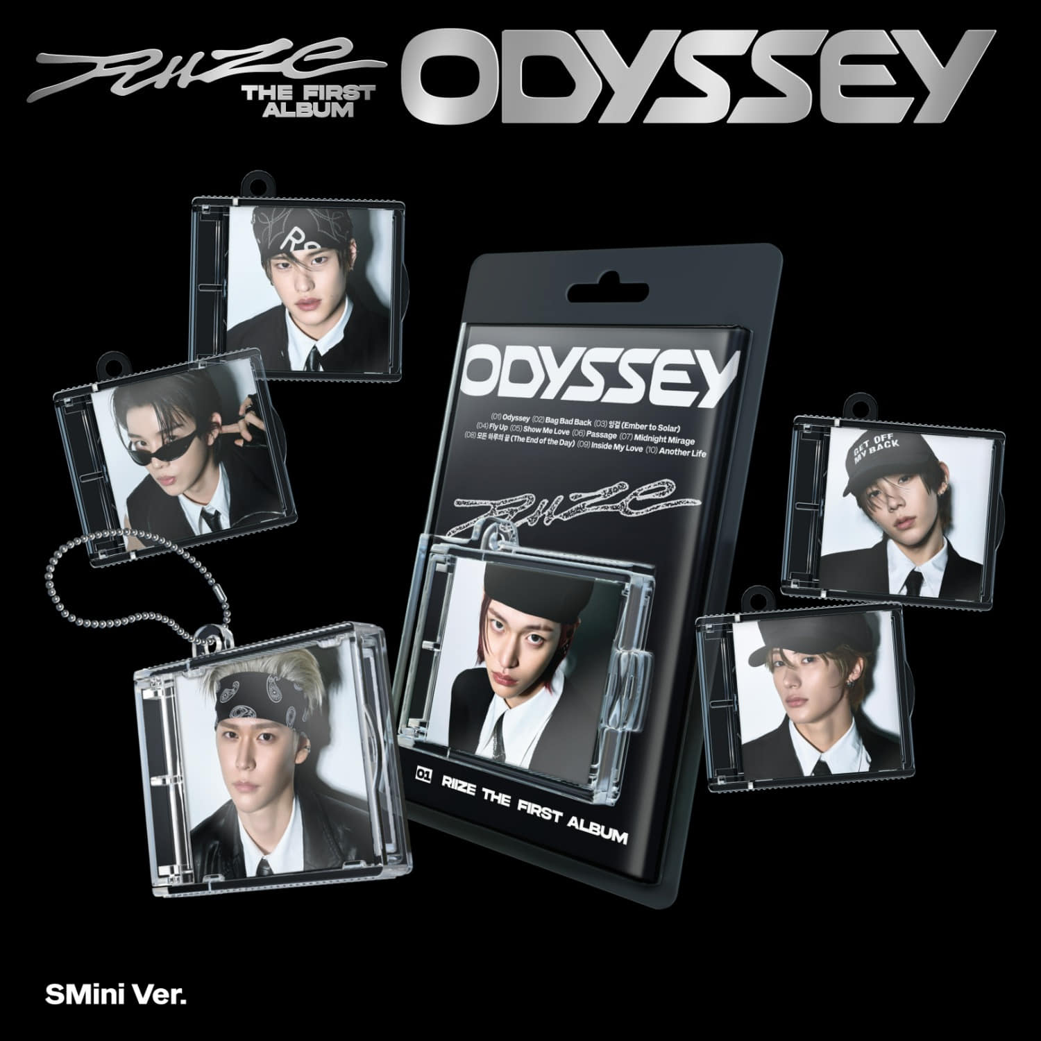RIIZE - 1st Album [ODYSSEY] (SMini Ver.)(Smart Album) (Random) - Album Kpop, visuel packaging noir et photos membres
