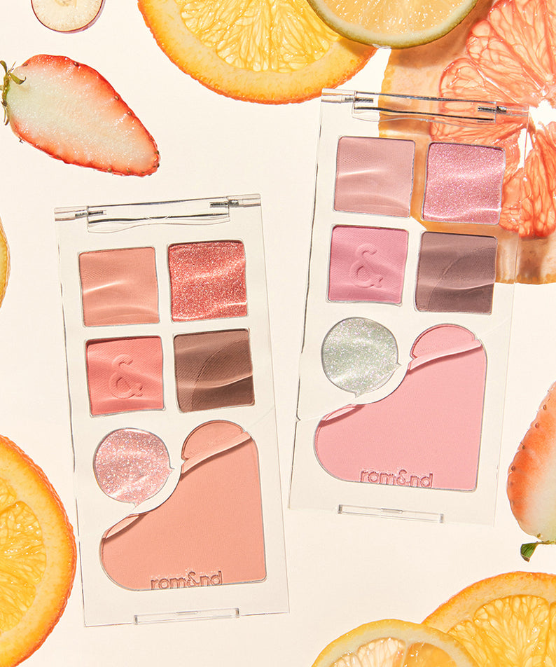 ROMAND Bare layer palette de la marque ROMAND, maquillage nude aux tons pêche et agrumes en arrière-plan