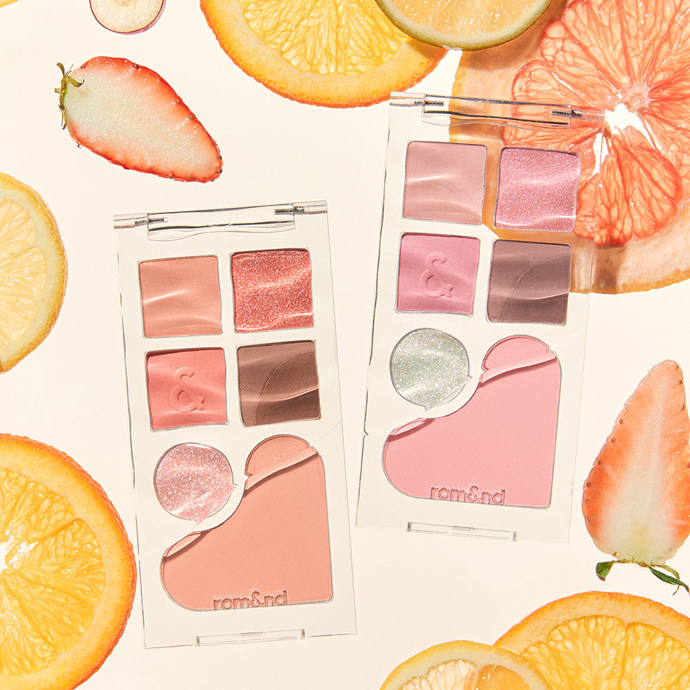 ROMAND Bare layer palette de la marque ROMAND, maquillage nude aux tons pêche et agrumes en arrière-plan