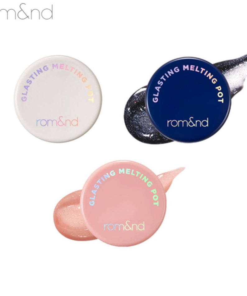 ROMAND  Glasting Melting Pot de la marque rom&nd, échantillons de baumes sur fond blanc, rendu visuel produit.