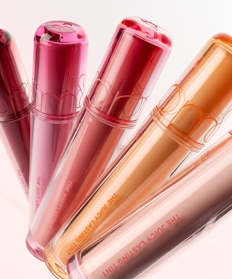 Rouges à lèvres ROMAND The Juicy Lasting Tint avec différentes teintes, parfaits pour un look vibrant et longue tenue.