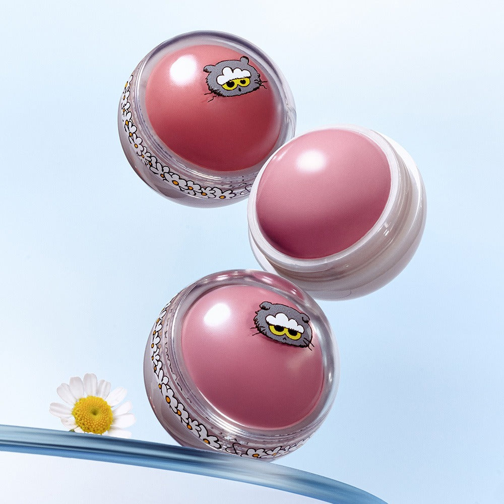 Décris l'image en français : ROMAND x Joanne Friends Juicy R Cheek (Special Set) avec packaging rose, sur fond bleu clair.