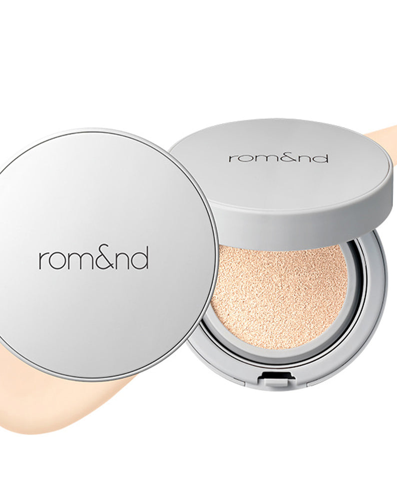 ROMAND zero cushion pour peau parfaite, fond de teint naturel et léger en teinte beige, pack élégant et pratique.