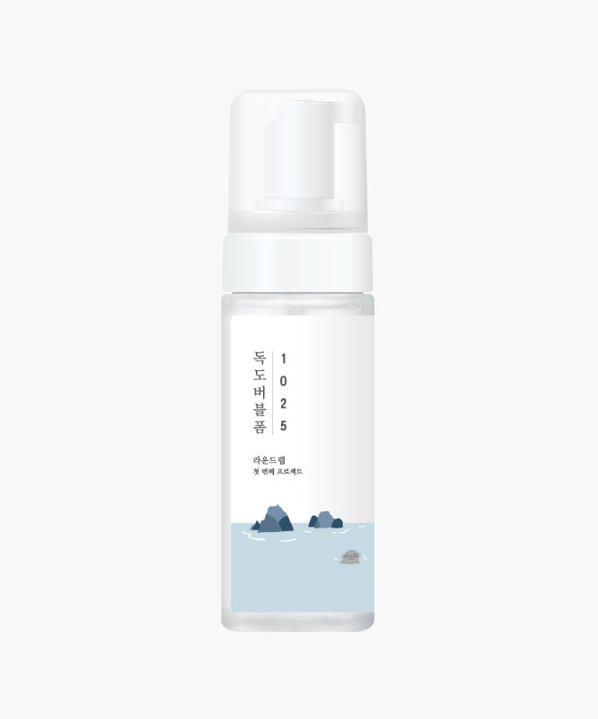 ROUND LAB 1025 Dokdo Bubble Foam 150ml, flacon blanc sur fond clair, marque ROUND LAB, mousse nettoyante visible.