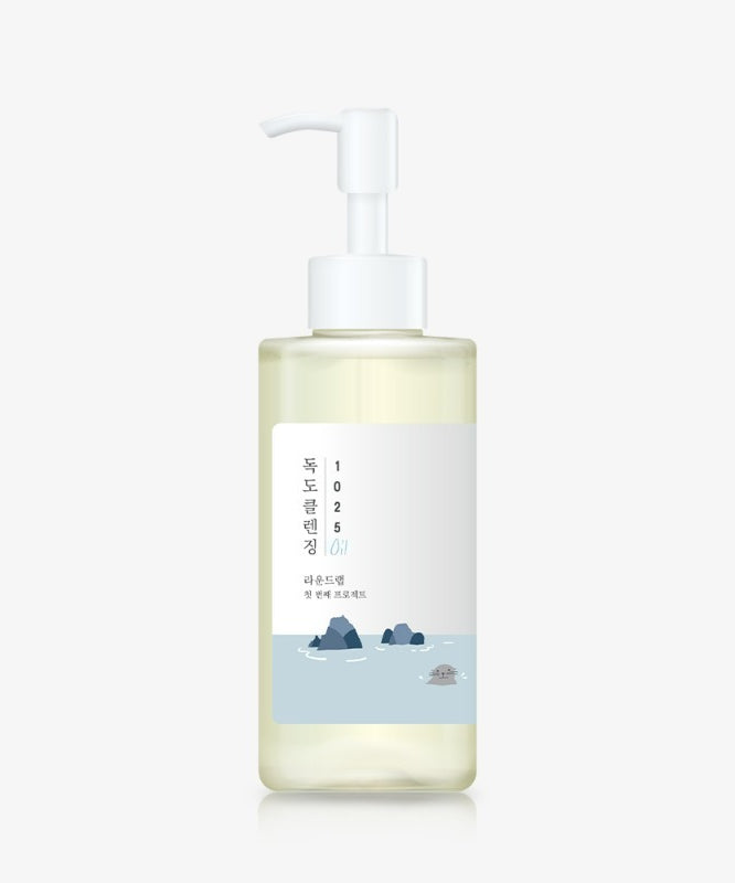 ROUND LAB 1025 Dokdo Cleansing Oil 200ml, flacon avec pompe, sur fond clair : produit de la marque ROUND LAB.