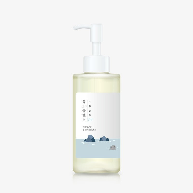 ROUND LAB 1025 Dokdo Cleansing Oil 200ml, flacon avec pompe, sur fond clair : produit de la marque ROUND LAB.