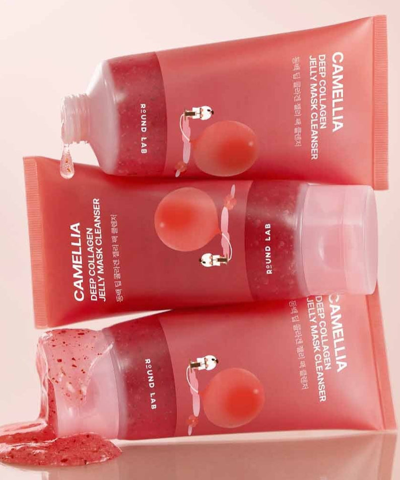 ROUND LAB Camellia Deep Collagen Jelly Pack Cleanser 150ml de ROUND LAB, tubes rouges sur fond clair, ambiance beauté.