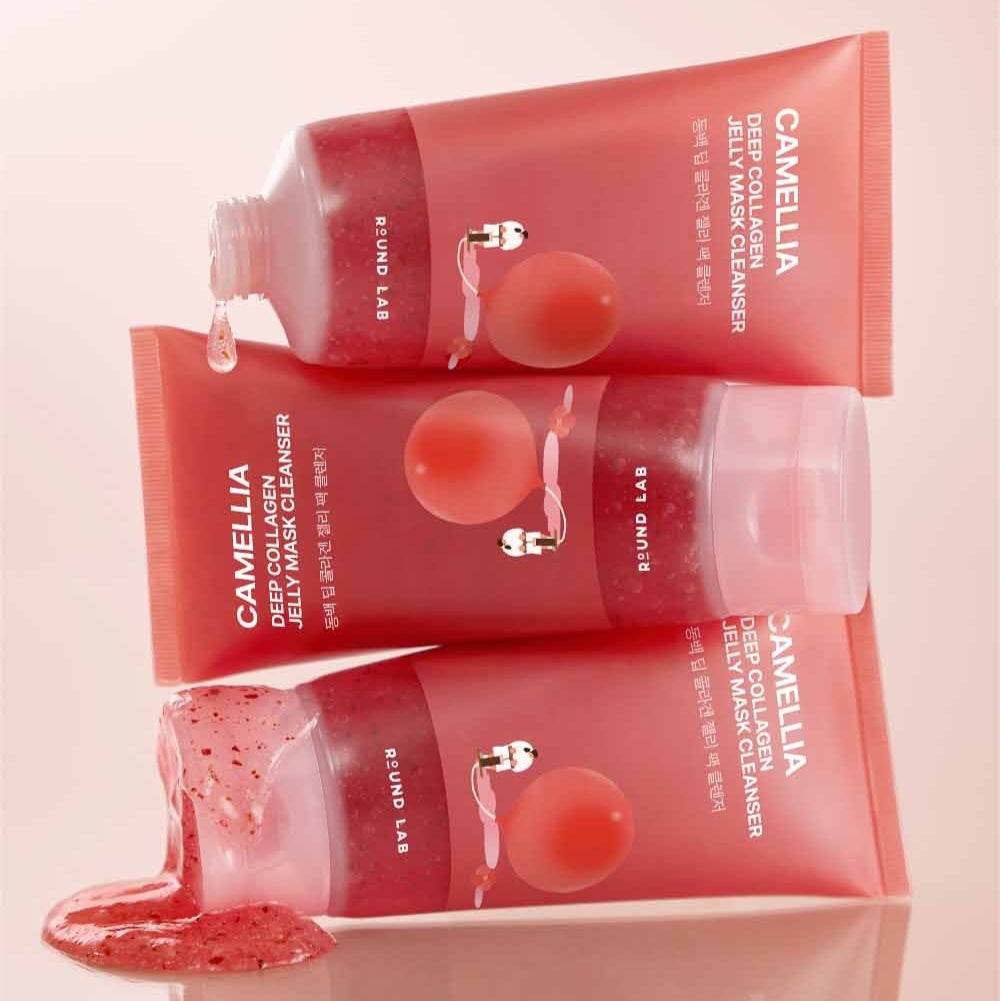 ROUND LAB Camellia Deep Collagen Jelly Pack Cleanser 150ml de ROUND LAB, tubes rouges sur fond clair, ambiance beauté.