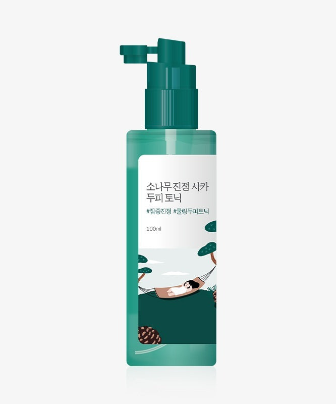 ROUND LAB  Pine Calming Cica Hair Tonic 100ml : flacon vert avec pompe, image produit sur fond clair, marque Round Lab