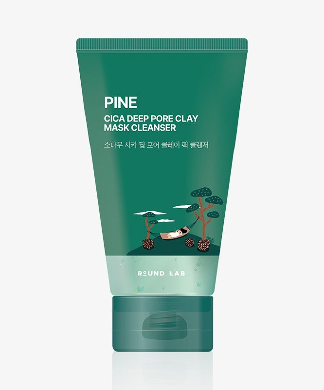 ROUND LAB Pine Cica Deep Pore Clay Pack Cleanser 150ml, tube vert sur fond clair, marque coréenne de skincare