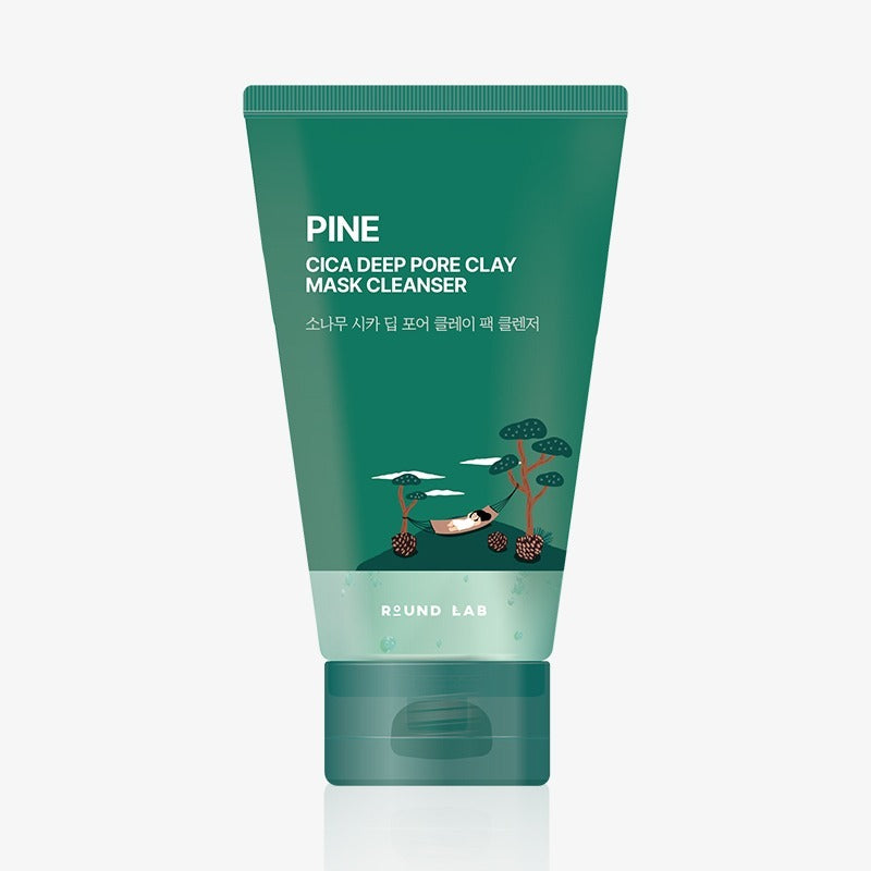 ROUND LAB Pine Cica Deep Pore Clay Pack Cleanser 150ml, tube vert sur fond clair, marque coréenne de skincare