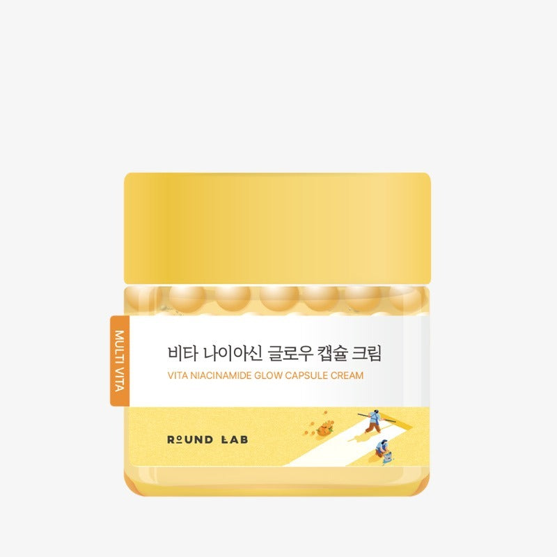 ROUND LAB  Vita Niacin Glow Capsule Cream 50ml, crème visage dans un pot jaune sur fond blanc, packaging marque.
