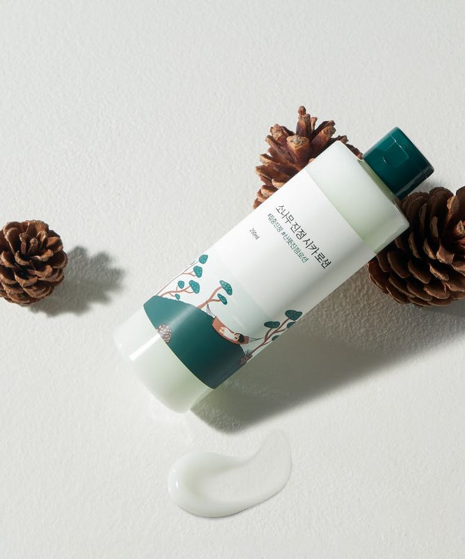ROUND LAB Pine Calming Cica Lotion 250ml posée à côté de pommes de pin, texture apaisante, mise en avant du produit.