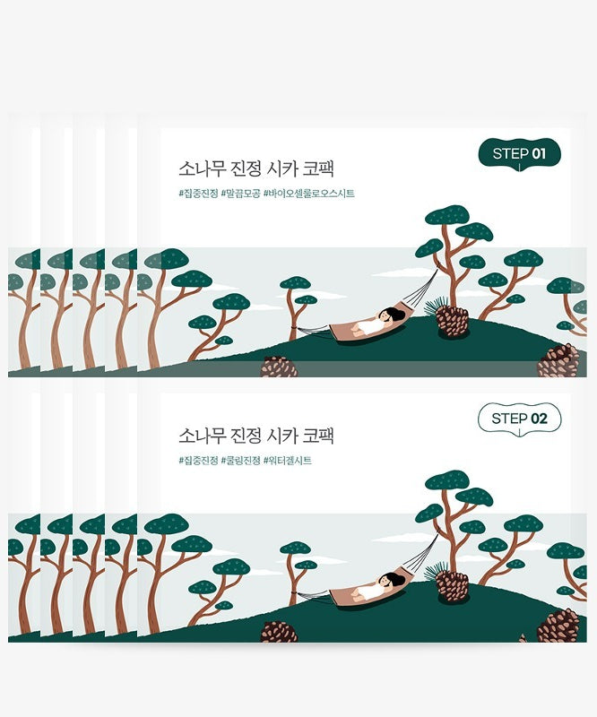 ROUND LAB Pine Soothing Cica Co-pack (5 sheets), image du masque apaisant avec illustration de pin pour le soin de la peau.