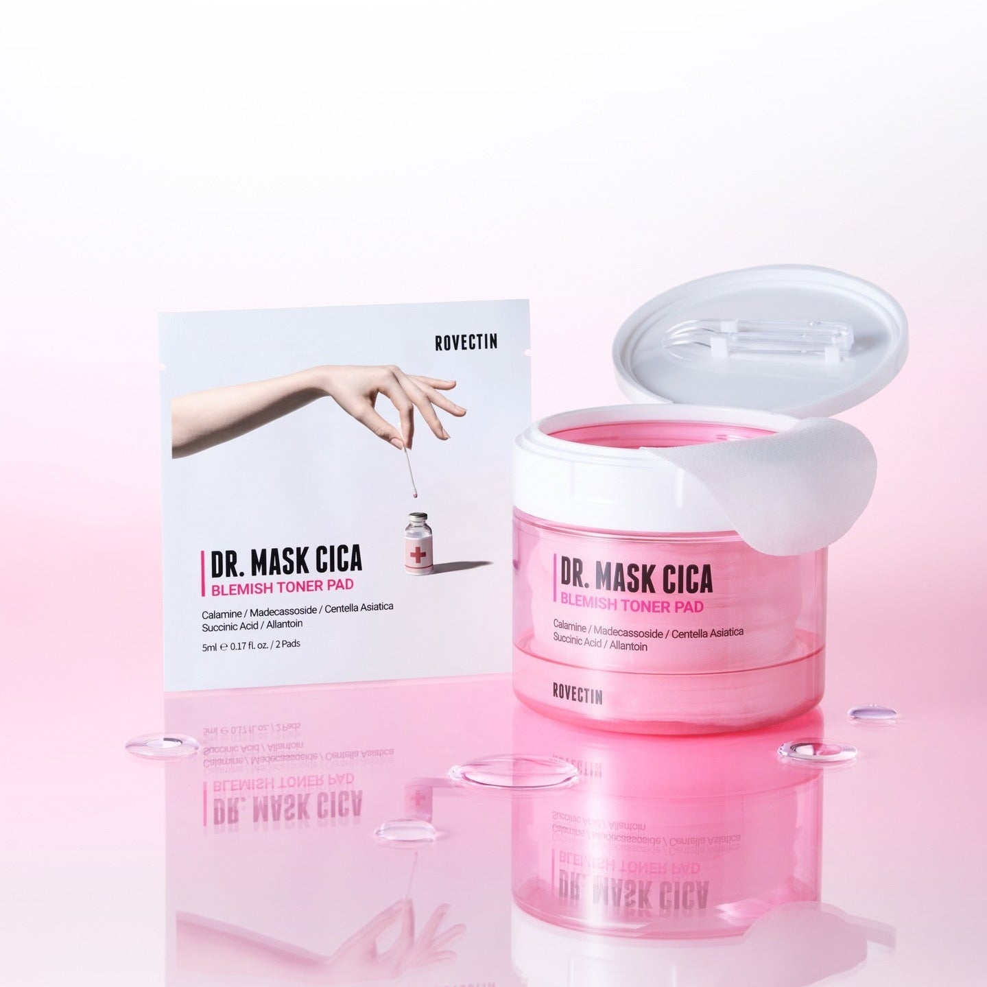 ROVECTIN Dr.Mask Cica Blemish Toner Pads 60 Sheets, photo produit marque ROVECTIN sur fond rose, boîtier ouvert avec pads.