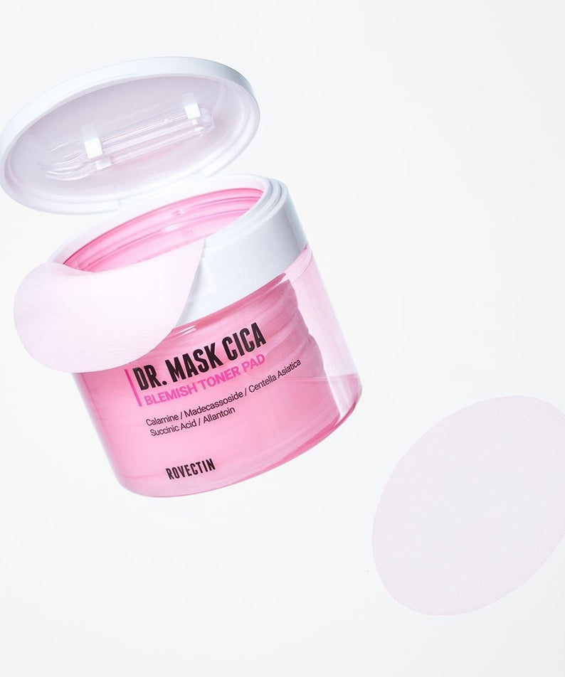 Coffret de ROVECTIN Dr.Mask Cica Blemish Toner Pads 60 Sheets avec pads roses exposés - produit de soin de beauté