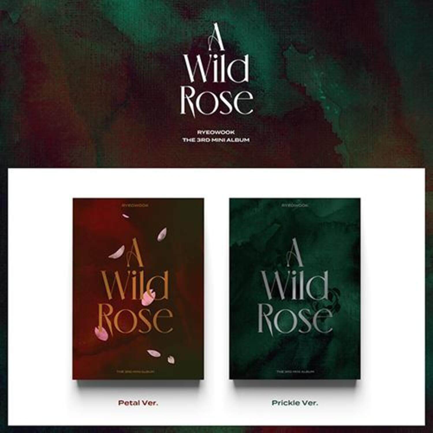 RYEOWOOK - [A Wild Rose] (3rd Mini Album) - Album Kpop, couverture Petal & Prickle sur fond rose verte.