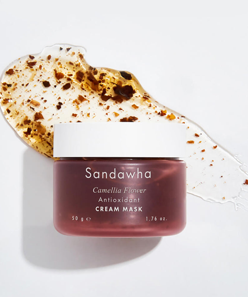 SANDAWHA Camellia Flower Cream Mask 65g : pot crème anti-oxydante sur fond blanc, texture camélia en détail, marque visible.