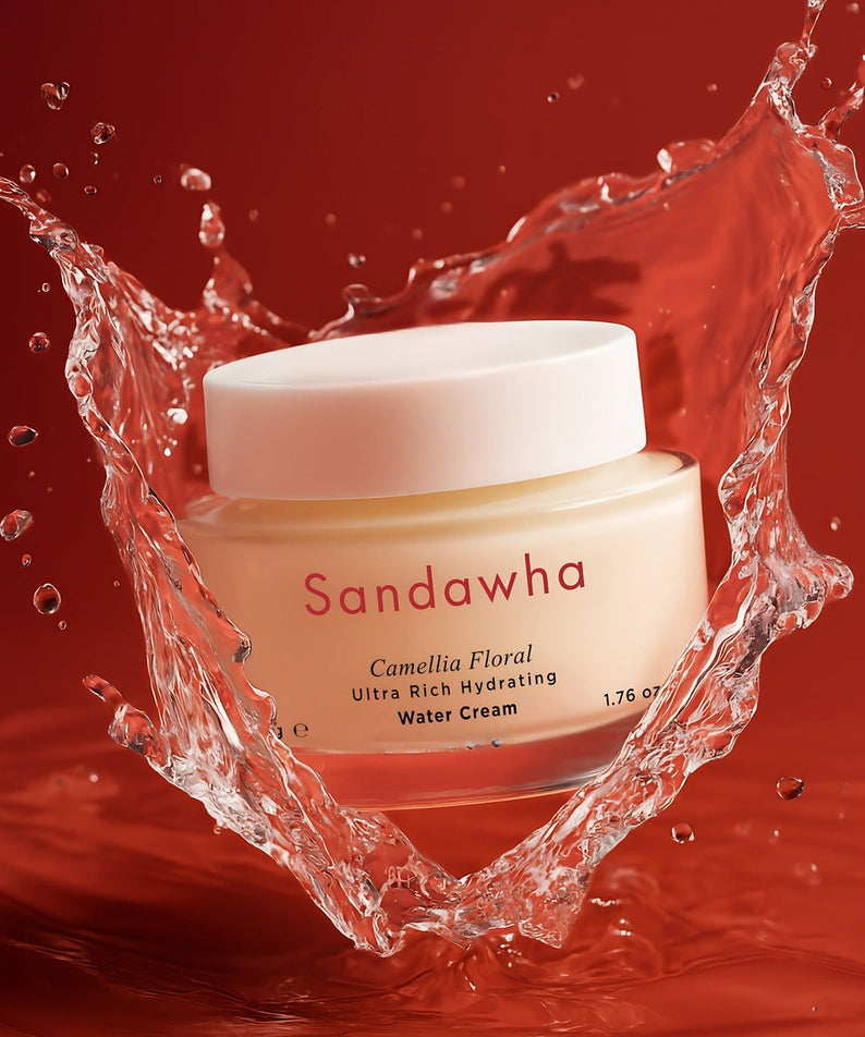 SANDAWHA Camellia Lumina Glow Cream 50g : pot de crème sur fond rouge, éclaboussures d’eau, ambiance beauté.