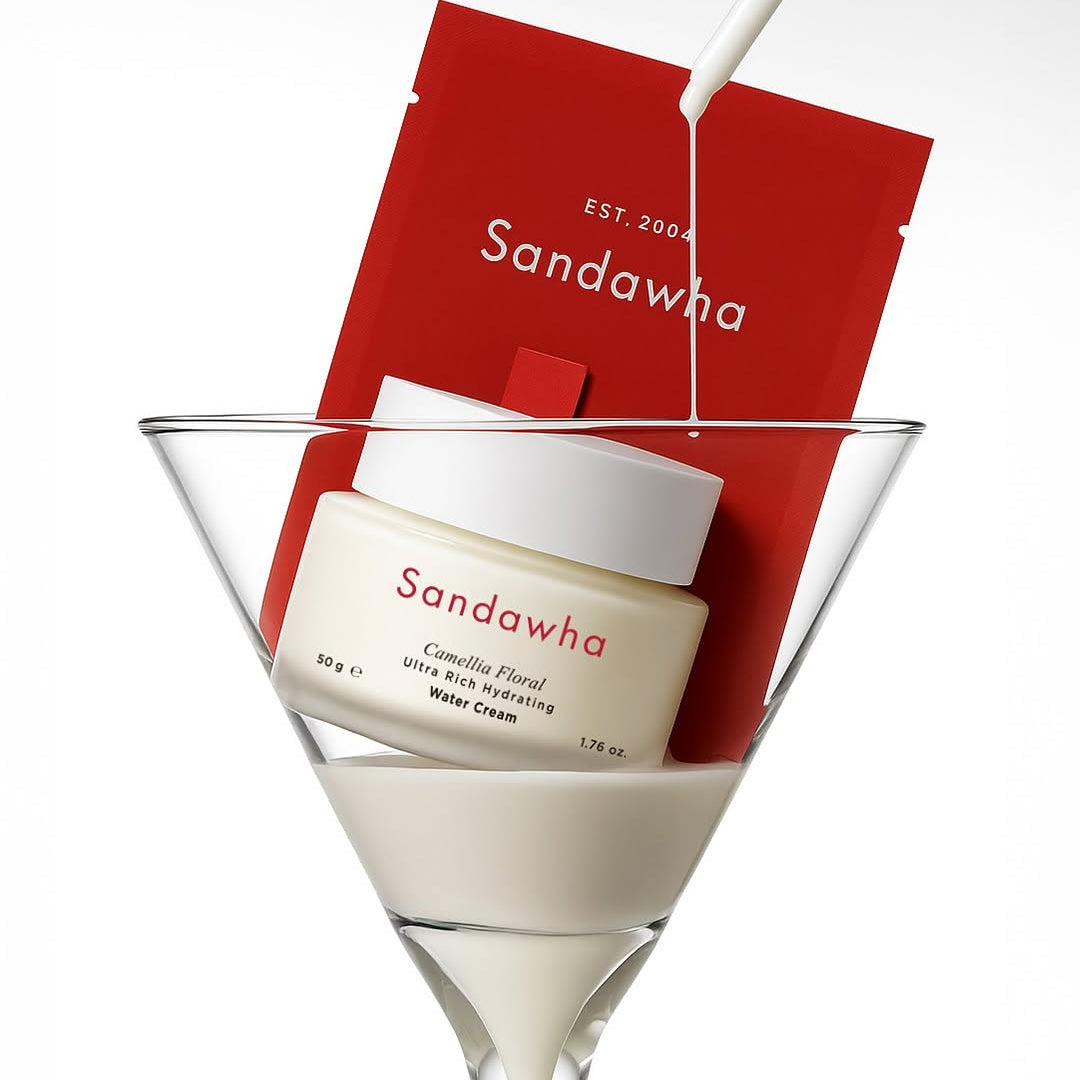 SANDAWHA Camellia Lumina Glow Cream 50g, pot crème sur fond blanc avec coffret rouge Sandawha, visuel produit