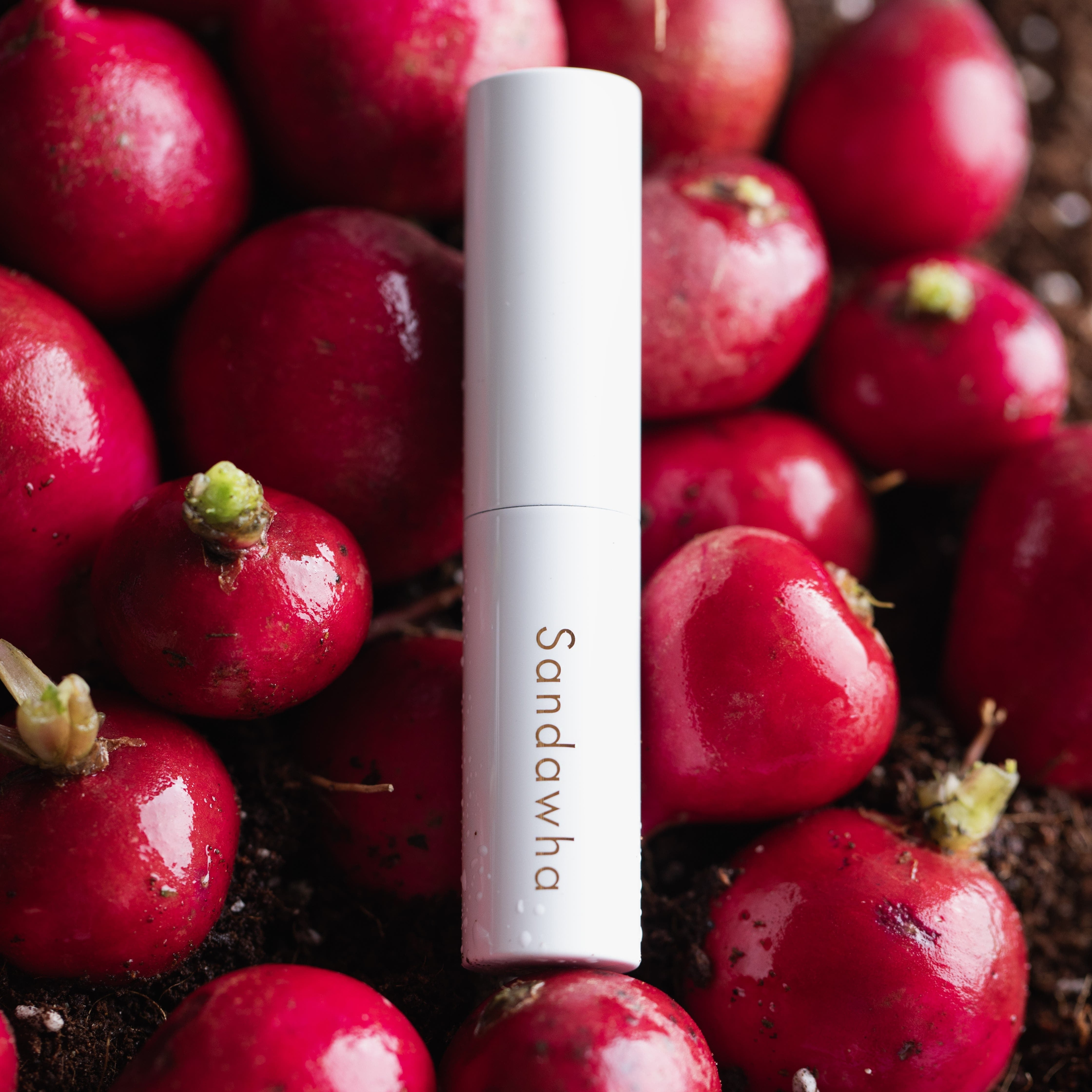 SANDAWHA Floral Halo Lip Glow sur des fruits rouges, marque et contexte visuel éclatant, décor naturel.