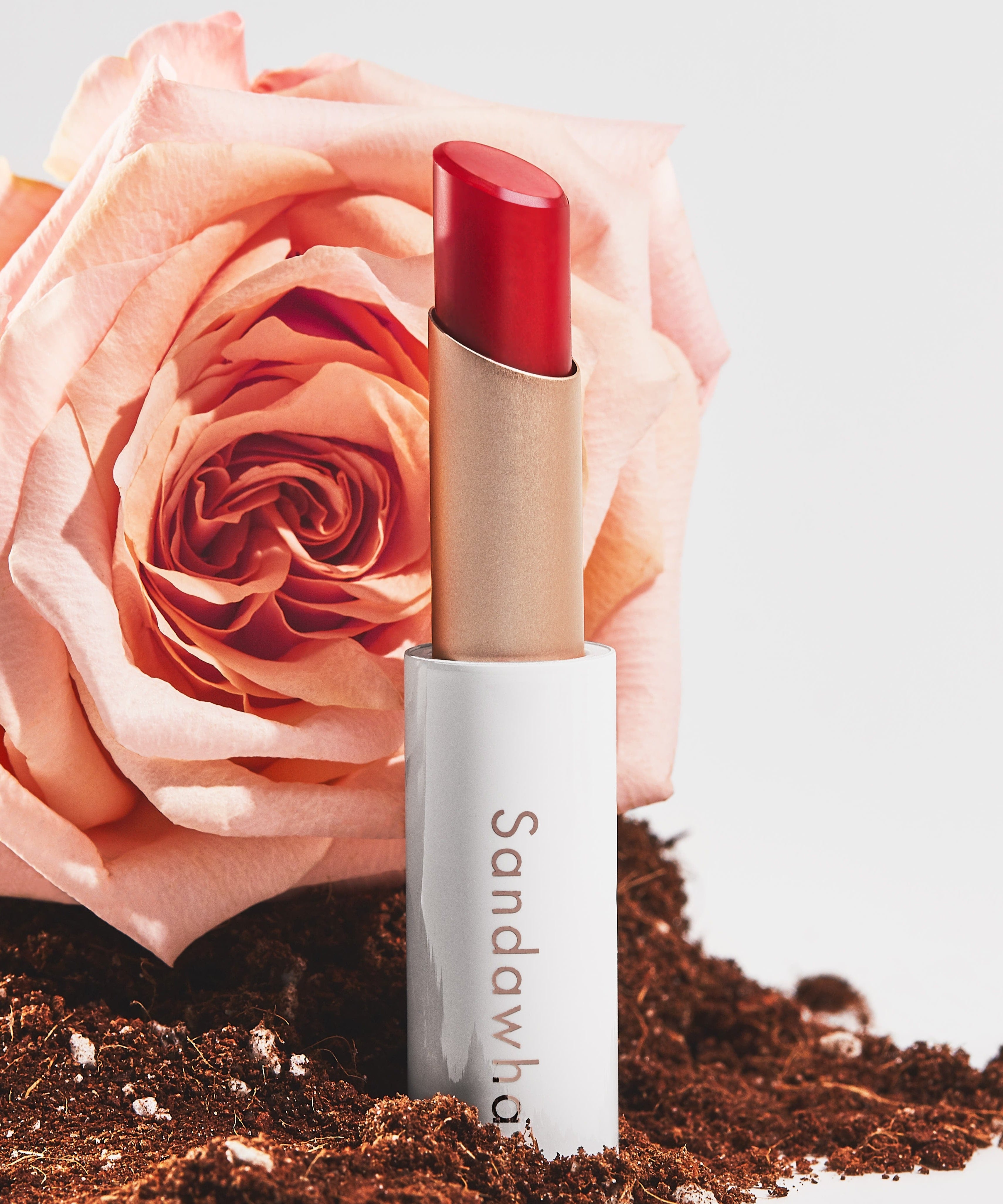 SANDAWHA Floral Halo Lip Glow : rouge à lèvres près d'une fleur rose et poudre sur fond clair, marque SANDAWHA