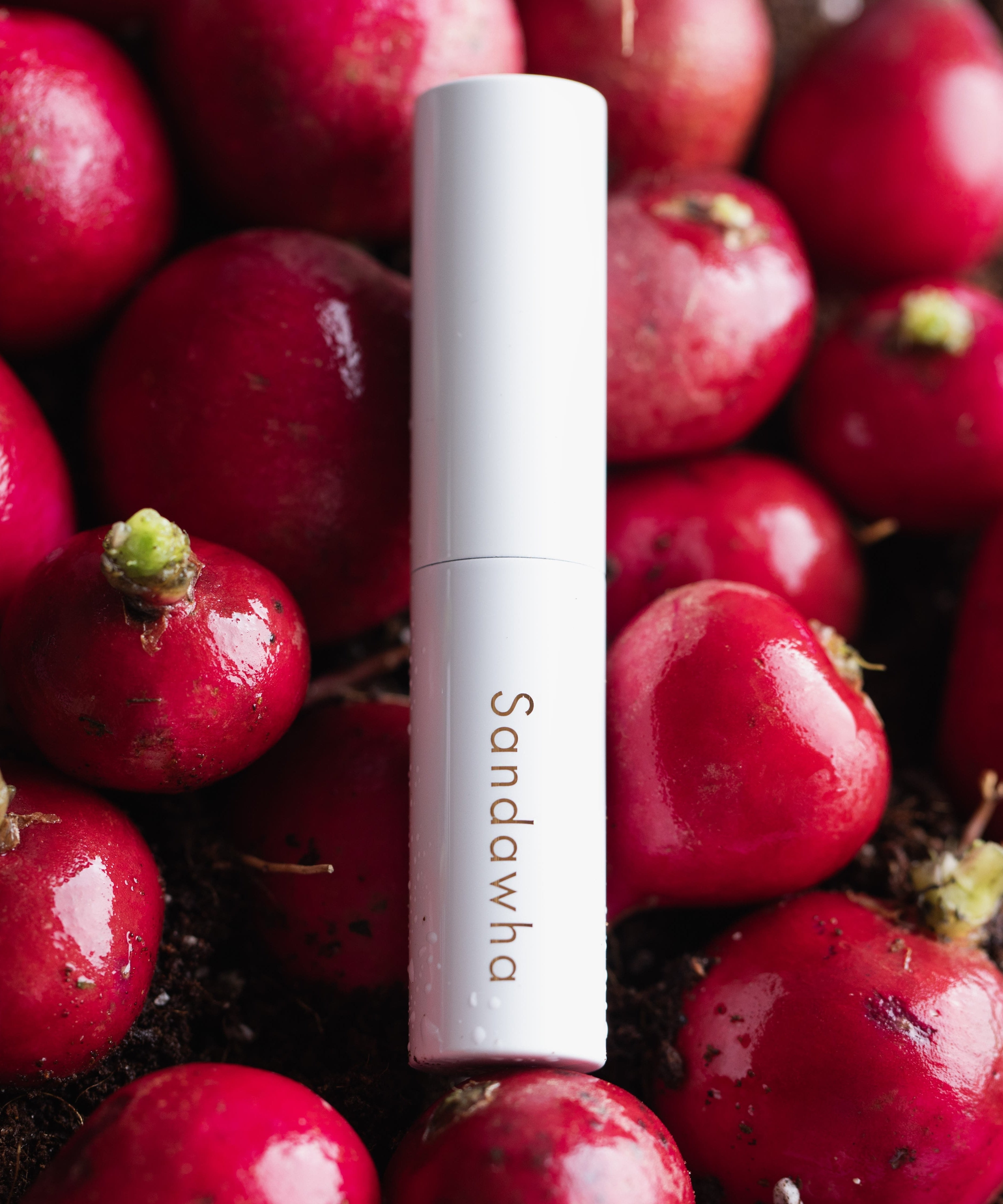 SANDAWHA Floral Halo Lip Glow posé parmi des fruits rouges scintillants, offrant une hydratation des lèvres naturellement éclatante.