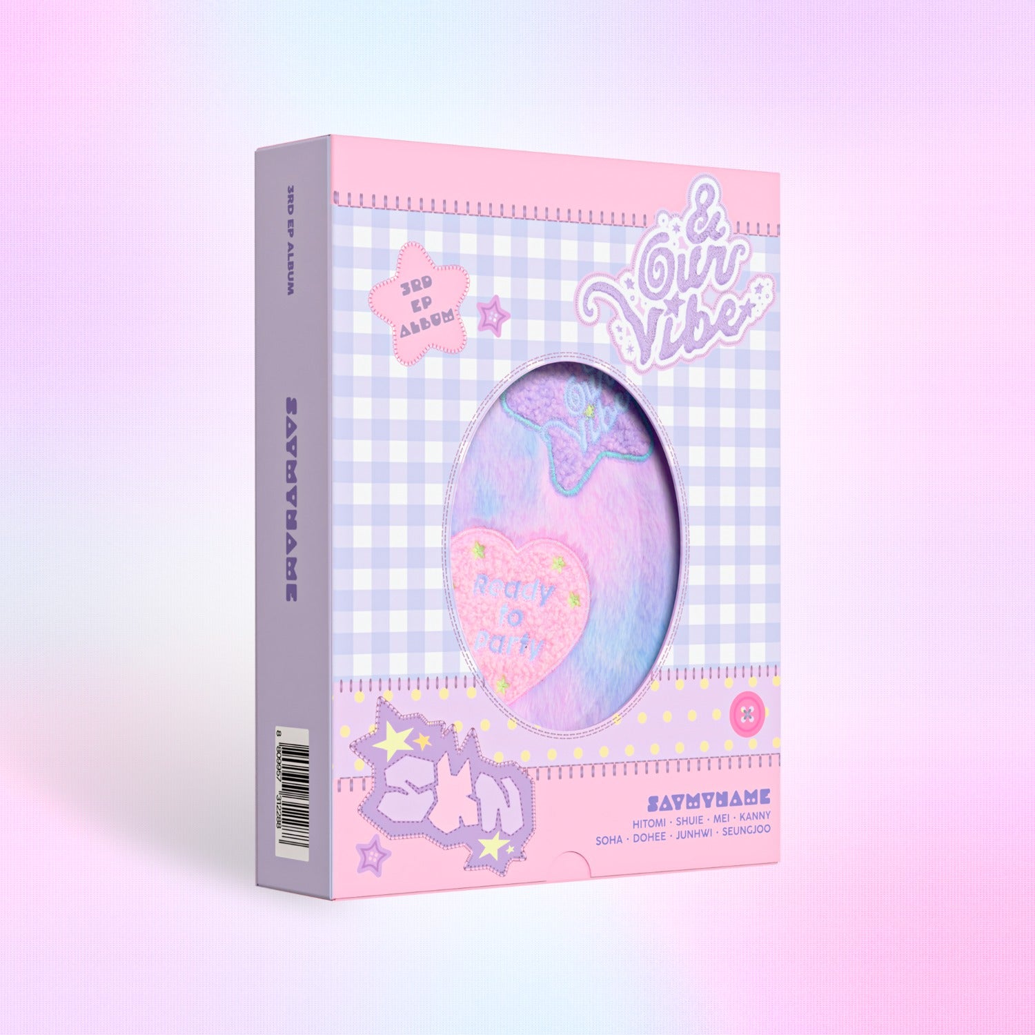 SAY MY NAME - &Our Vibe (OUR VIBE Ver.) - Album Kpop, boîtier violet pastel “&Our Vibe” sur fond rose, fan de K-pop