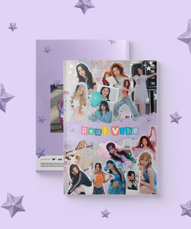 SAY MY NAME - &Our Vibe (Real Vibe Ver.) - Album Kpop, visuel collage sur fond violet avec étoiles, photo produit du groupe