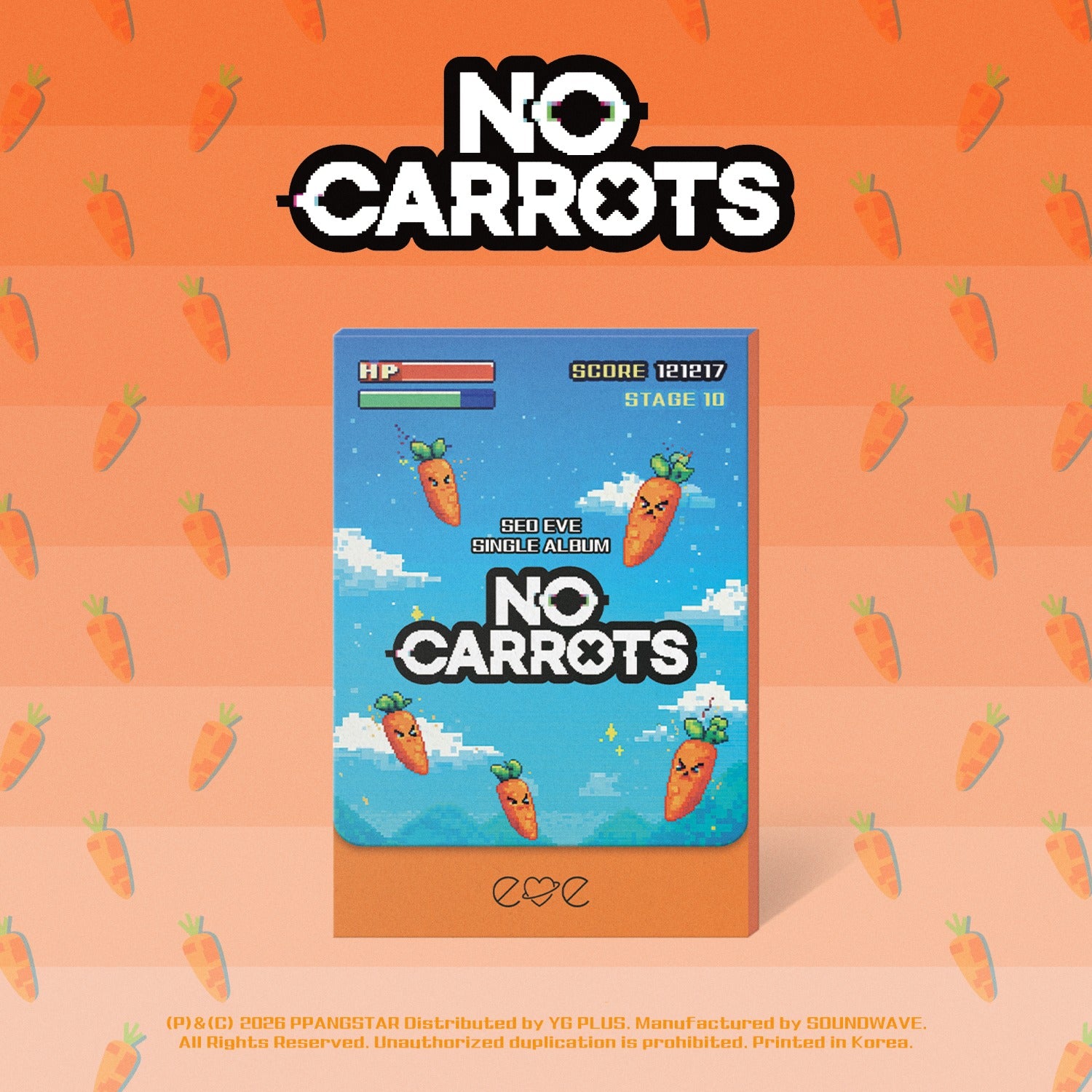 SEO EVE - [ (No Carrots)] (PLVE Ver.) - Album Kpop, pochette orange avec carottes, ciel bleu et texte No Carrots