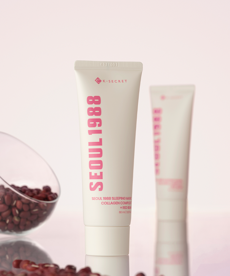 SEOUL 1988  Collagen Sleeping Mask 60ml de marque SEOUL 1988 sur fond clair, avec grains de café et produit en vue.