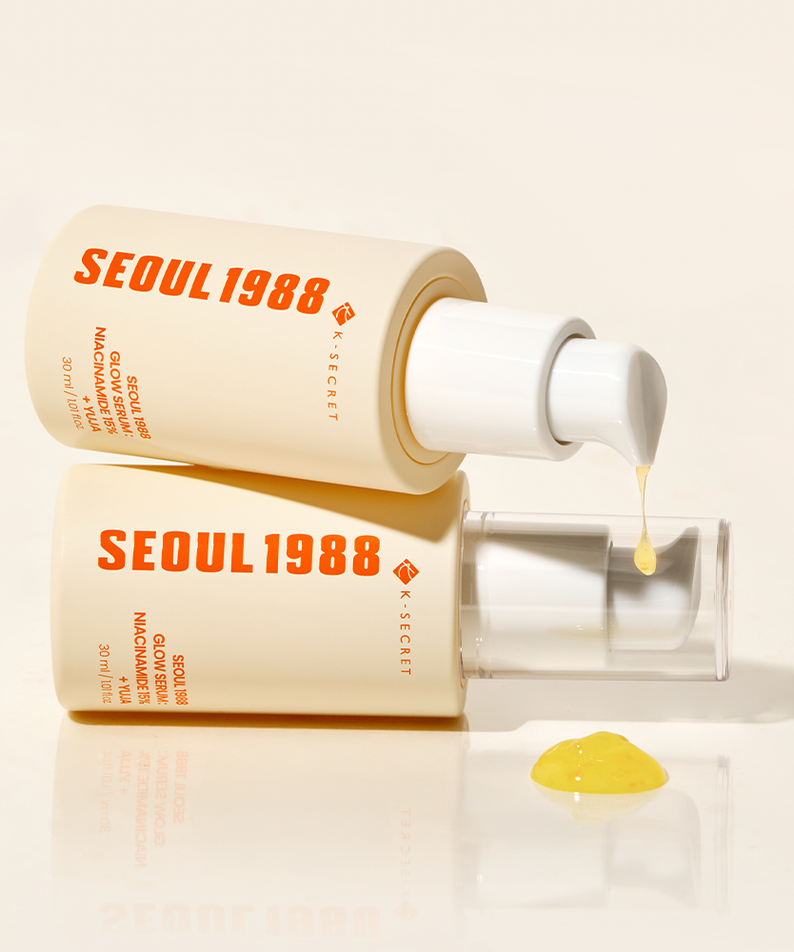 SEOUL 1988  Niacin Yuja Serum 30ml : flacon crème et goutte dorée sur fond clair, marque SEOUL 1988