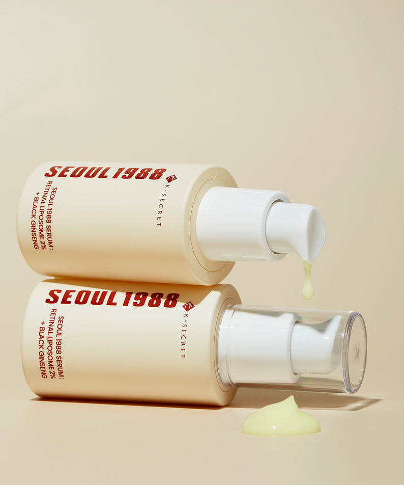 SEOUL 1988 Retinal Black Ginseng Serum 30ml : flacons et texture crème sur fond clair, marque SEOUL 1988 en évidence.