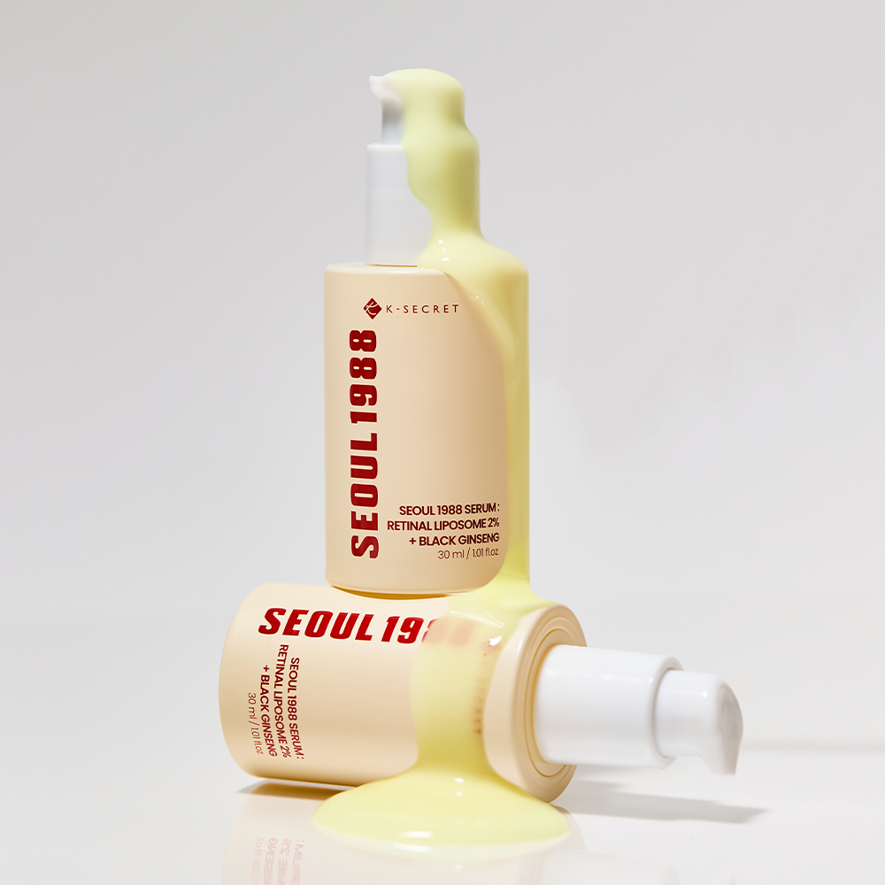 SEOUL 1988 Retinal Black Ginseng Serum 30ml, flacon K-Secret noir ginseng, sur fond blanc, vue produit.