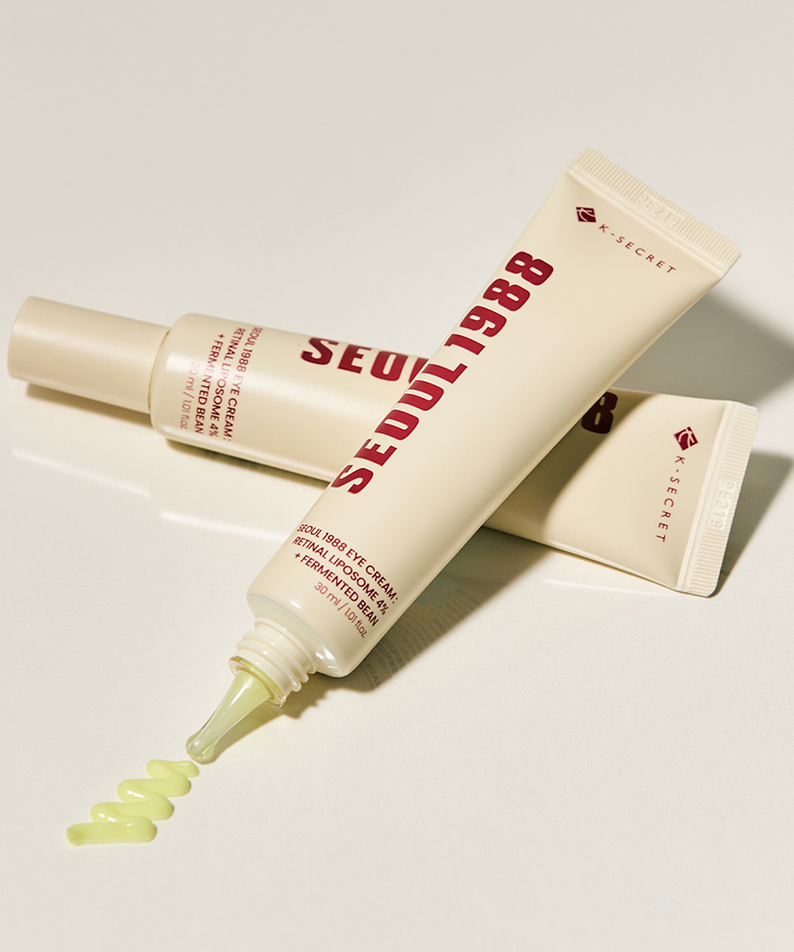 Décris l'image en français : SEOUL 1988 Retinal Fermented Soybean Eye Cream 30ml, marque Seoul 1988, tube sur fond clair.