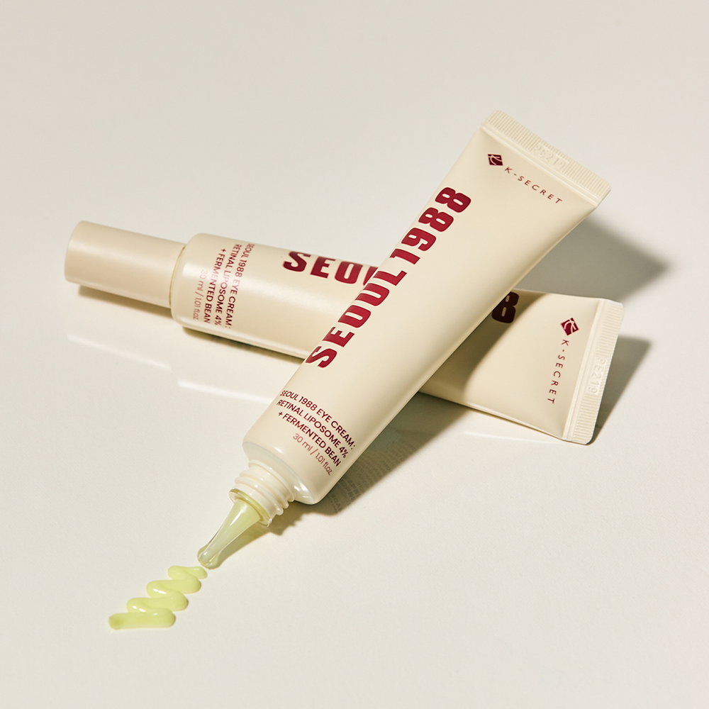Décris l'image en français : SEOUL 1988 Retinal Fermented Soybean Eye Cream 30ml, marque Seoul 1988, tube sur fond clair.