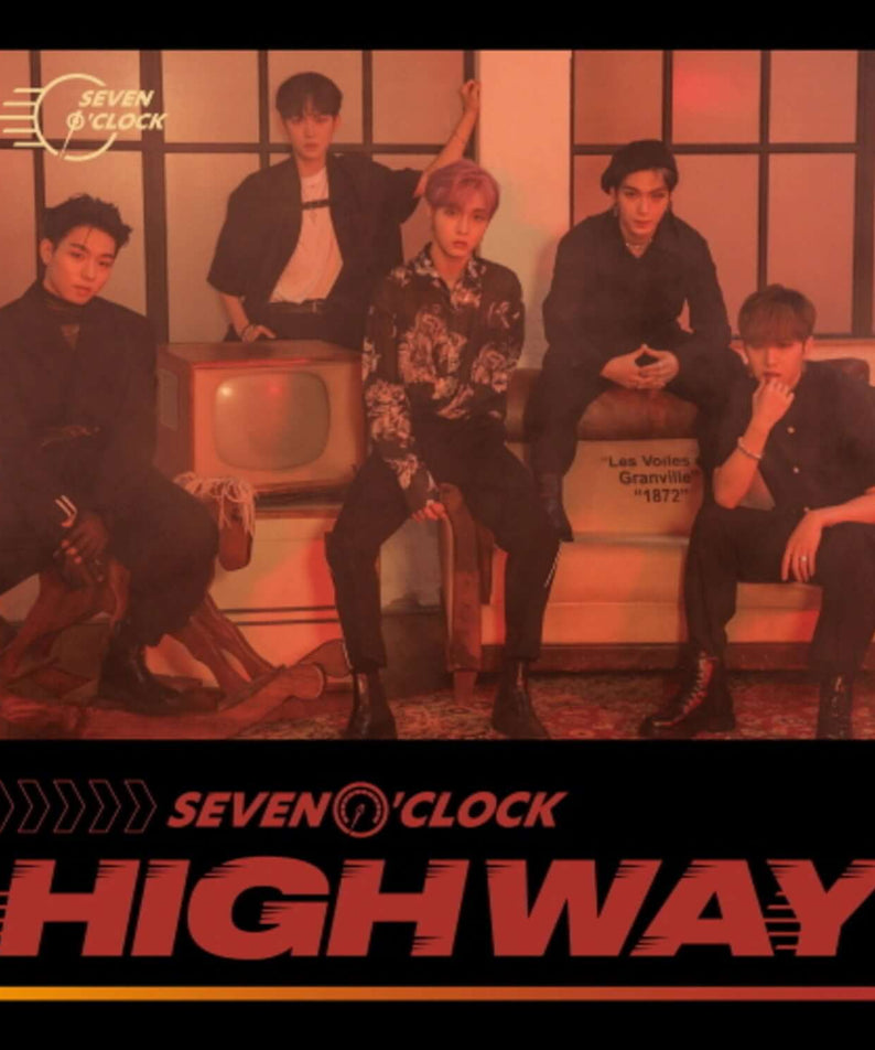 SEVEN O'CLOCK - [HIGHWAY] - Album Kpop : visuel du groupe, affiche rouge néon, ambiance urbaine, jeunes en studio
