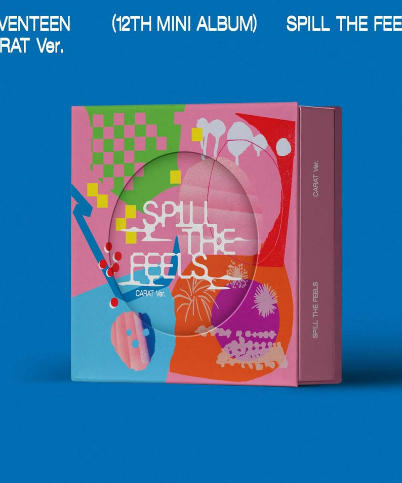 SEVENTEEN - 12th Mini Album 'SPILL THE FEELS' (CARAT Ver.) - Album Kpop, couverture colorée sur fond bleu, vue produit