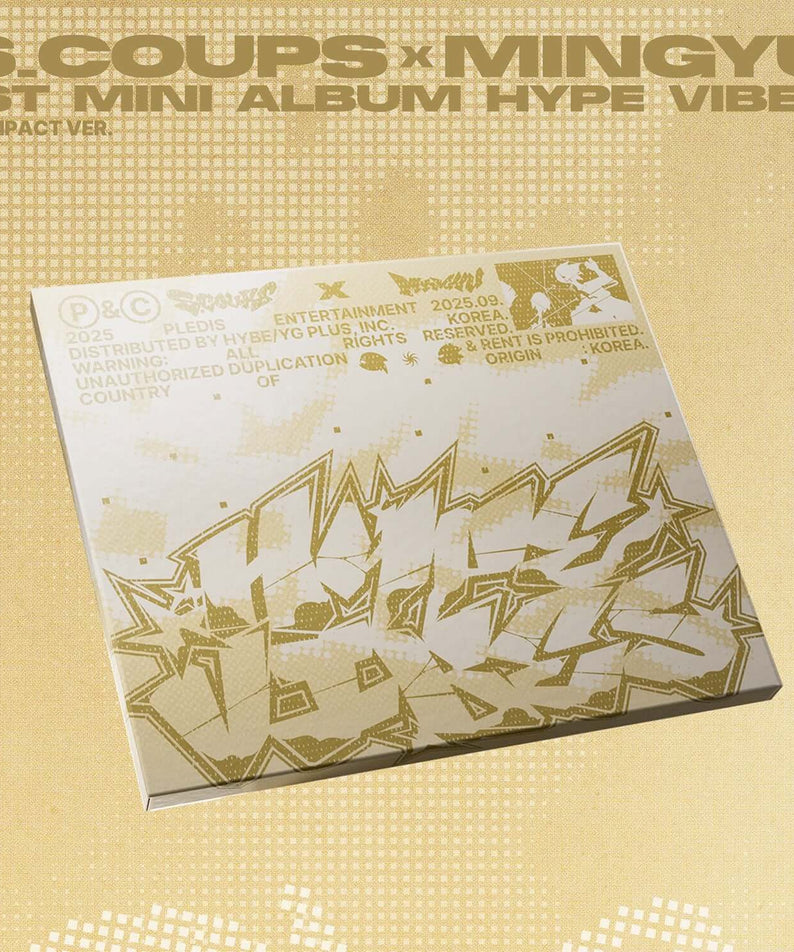 SEVENTEEN - 1st Mini Album [HYPE VIBES] (COMPACT Ver.) (Random) - Album Kpop, jaquette dorée et livret sur fond hype