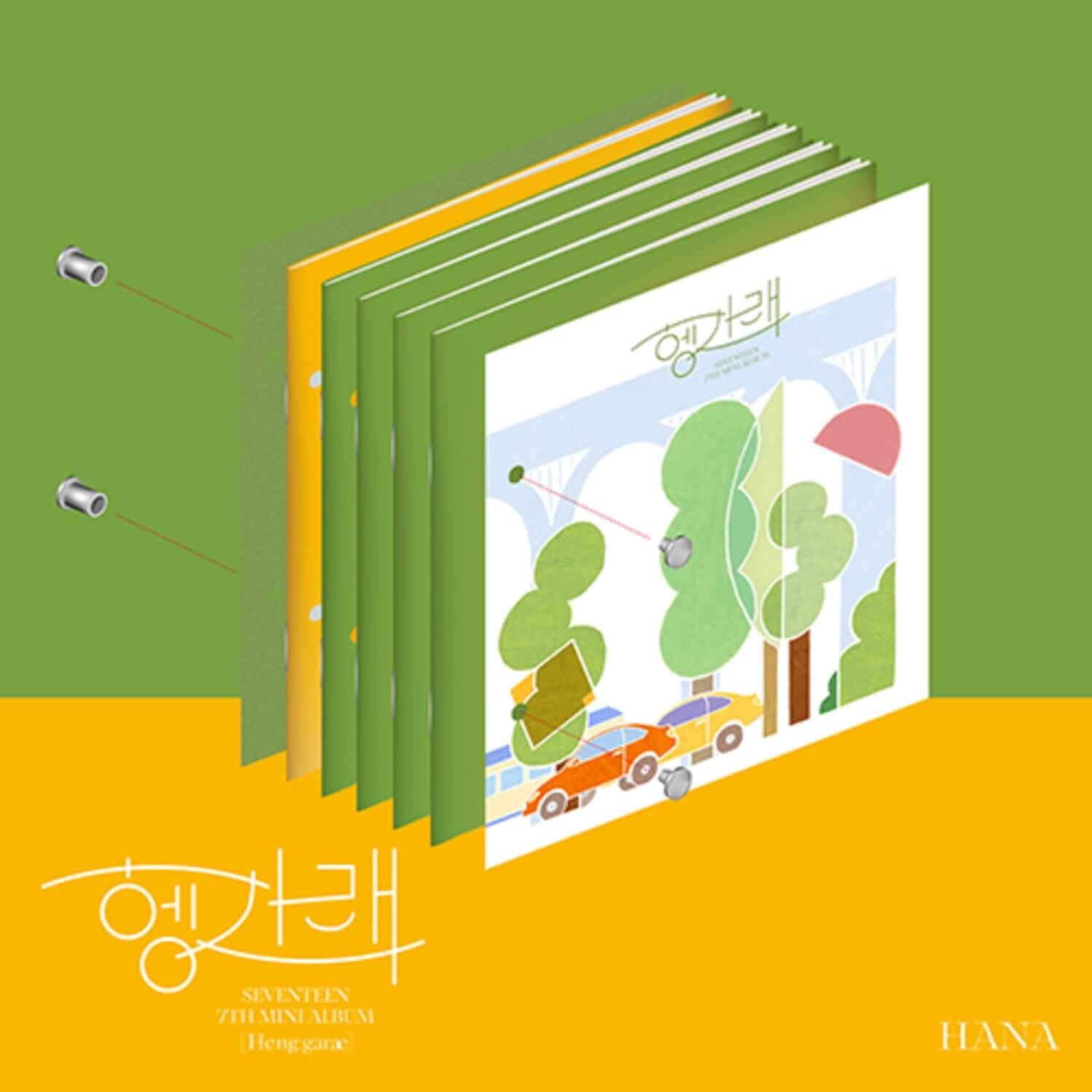SEVENTEEN - [Heng:garae] ( VER.) - Album Kpop de SEVENTEEN, pack de livrets verts et blancs sur fond vert/jaune.