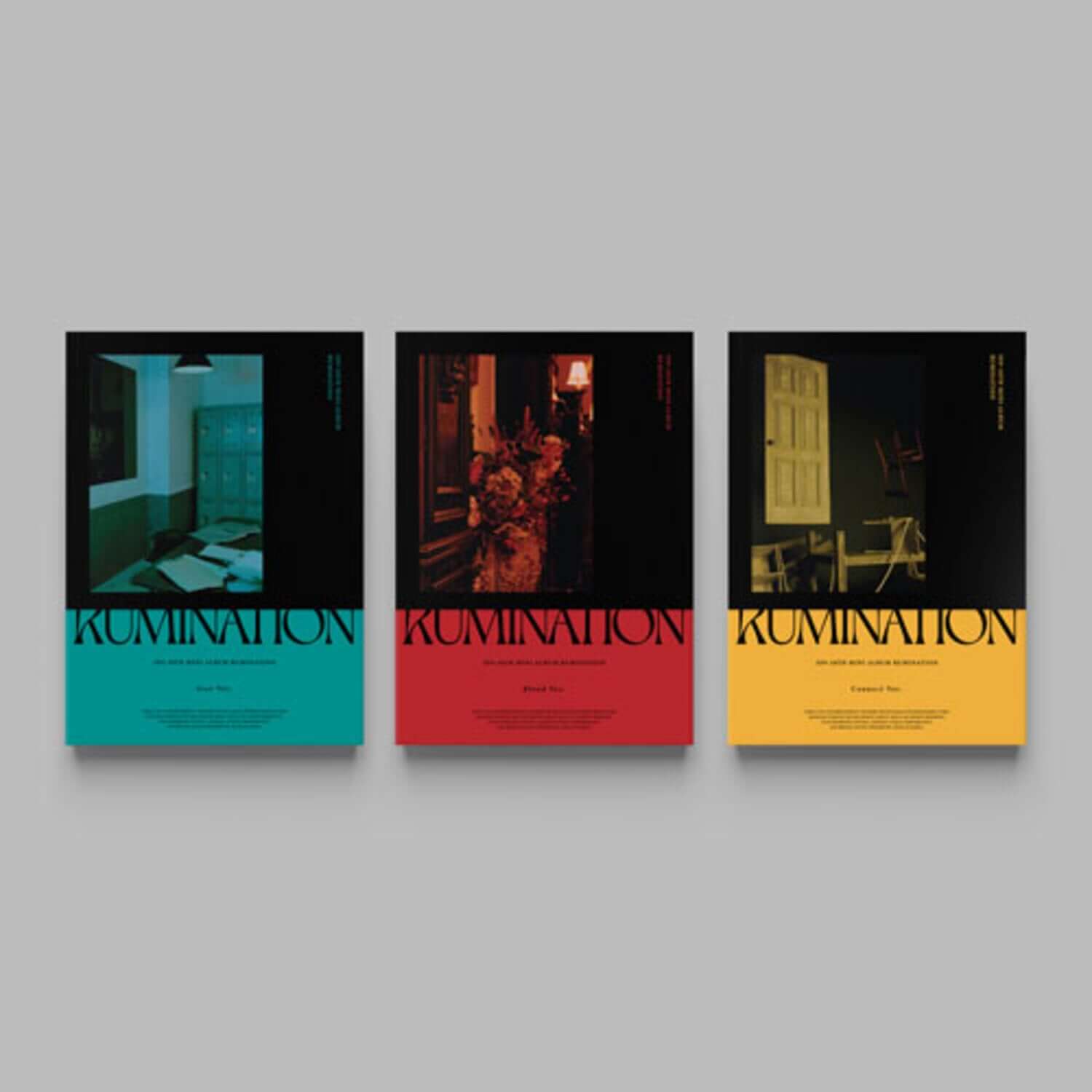 SF9 - 10th Album [RUMINATION] (Random) - Album Kpop, visuel 3 pochettes sur fond gris, style Kpop dramatique.