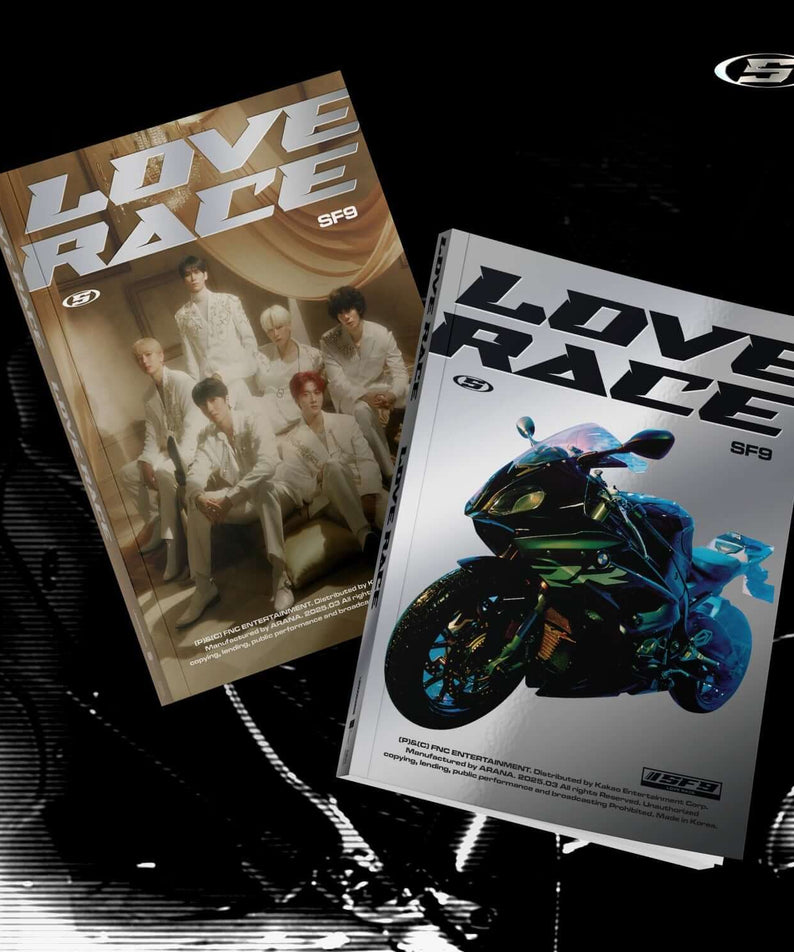 SF9 - 15th Album [LOVE RACE] (Set of 2) - Album Kpop, coffret SF9, jaquettes sur fond noir avec motos et lumière.