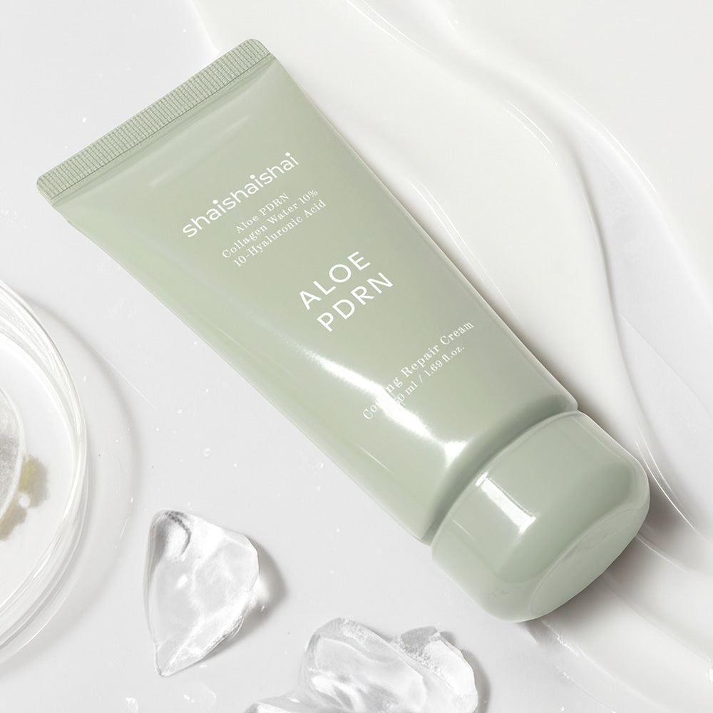 SHAISHAISHAI [1+] Aloe PDRN Cooling Repair Cream 50ml, tube vert sur fond blanc avec gel aloe, vue produit.