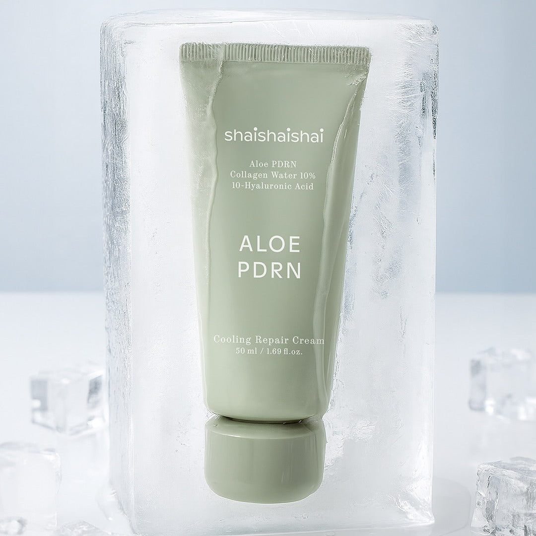 SHAISHAISHAI [1+] Aloe PDRN Cooling Repair Cream 50ml de la marque, tube vert sur glace, contexte soins visage